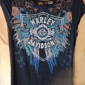 Harley-Davidson Black Graphic Tee with Teal & Blue Accents
